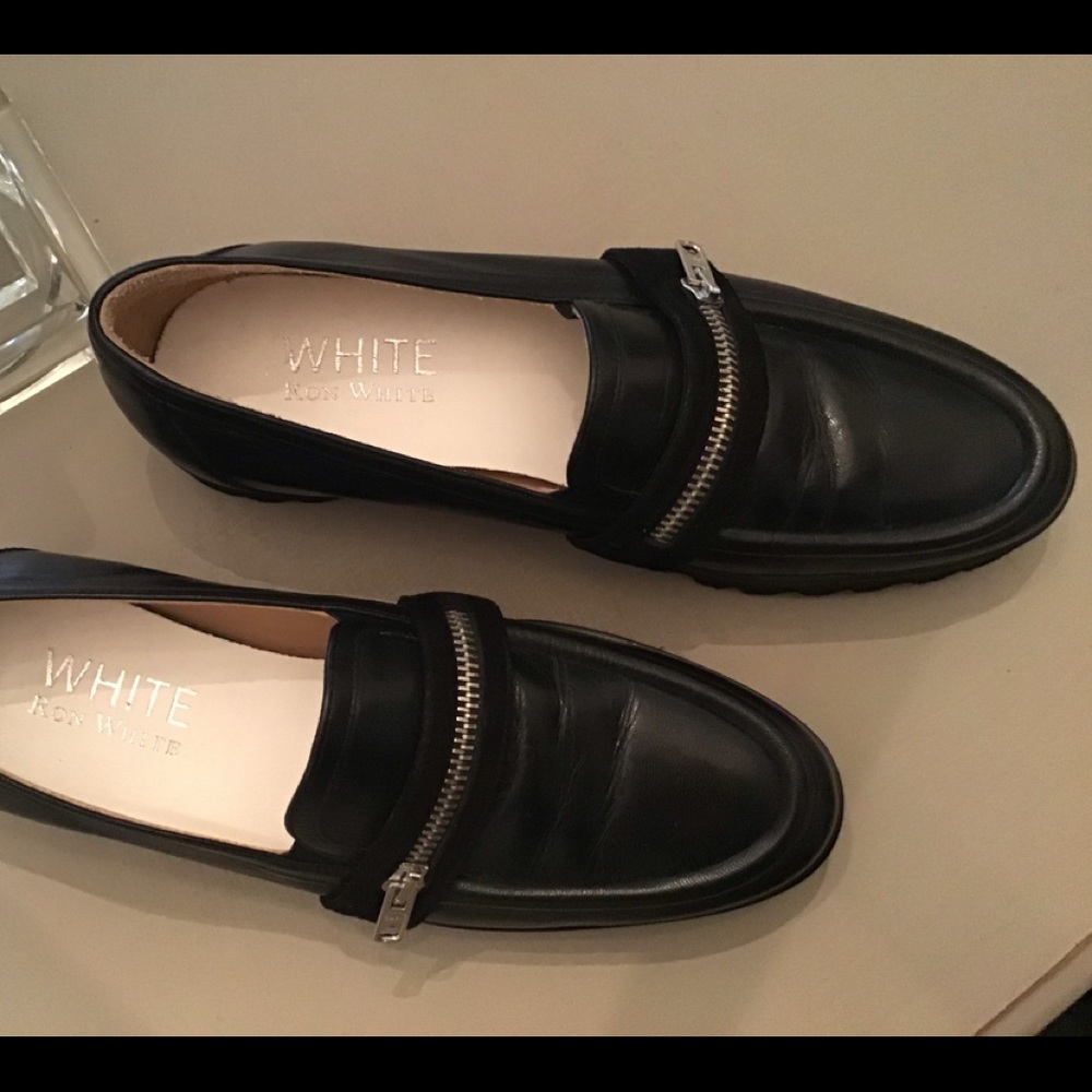 Women’s Black Leather Zipper-Trim Loafers - Picture 2 of 9